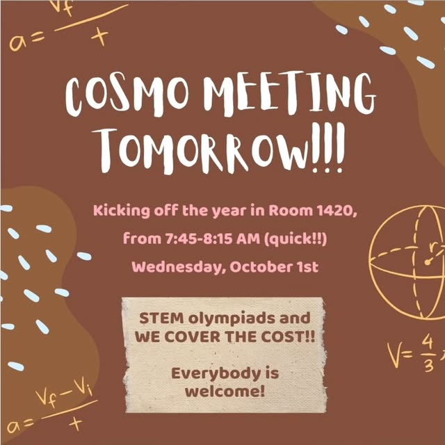COSMO meeting announcement for October 1 with the room, time, and STEM olympiad details.