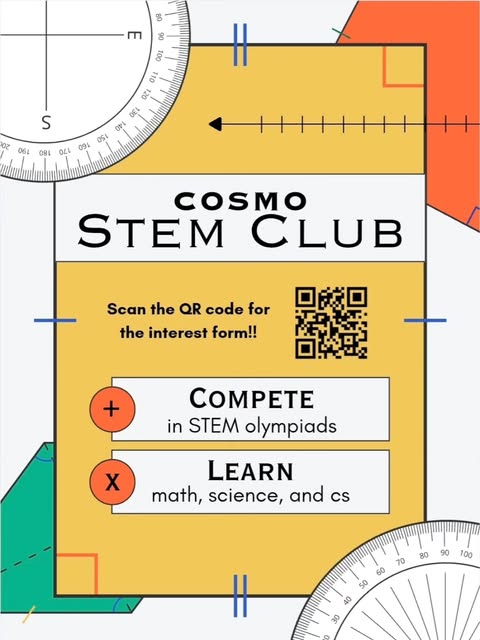 COSMO STEM Club poster inviting students to compete in STEM olympiads and learn math, science, and computer science.